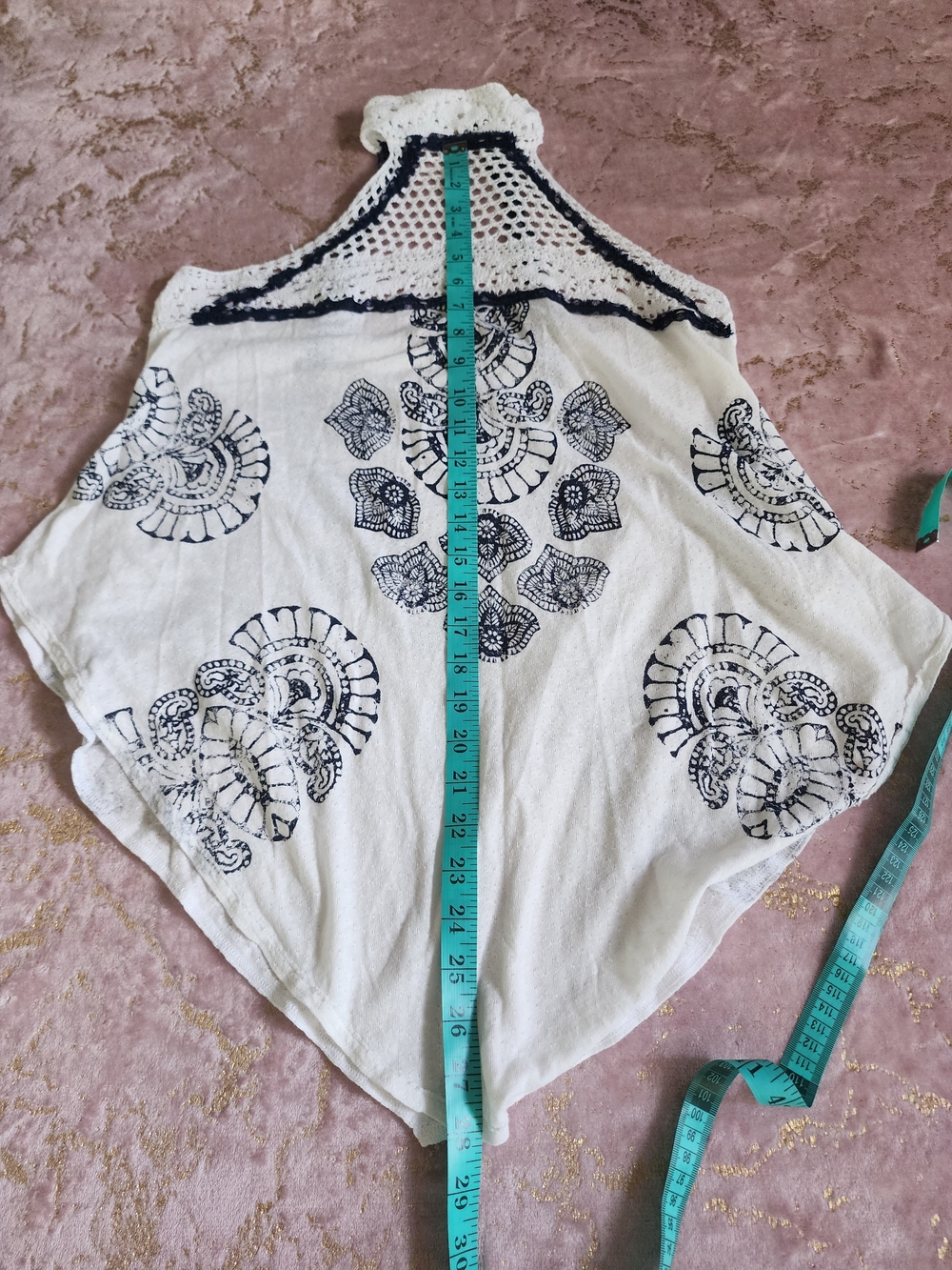 FREE PEOPLE | White Crochet Halter Tank Top with Navy Print - Picture 11 of 13